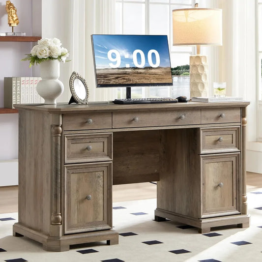 55 Inch Executive Desk with 7 Drawers and Built-In USB Outlet