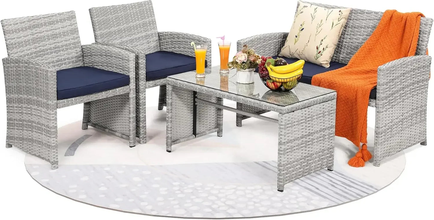 4 Piece Rattan Patio Furniture Set Outdoor Sectional Sofa Chairs Table