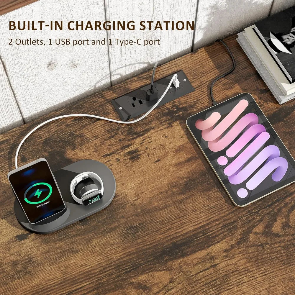 55 Inch Farmhouse Desk with Drawers Charging Station for Home Office