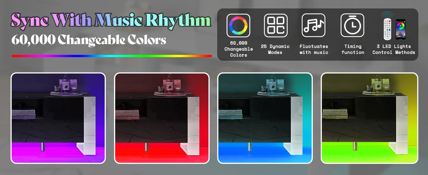 Modern 70 Inch TV Stand with LED Lights High Gloss Entertainment Center