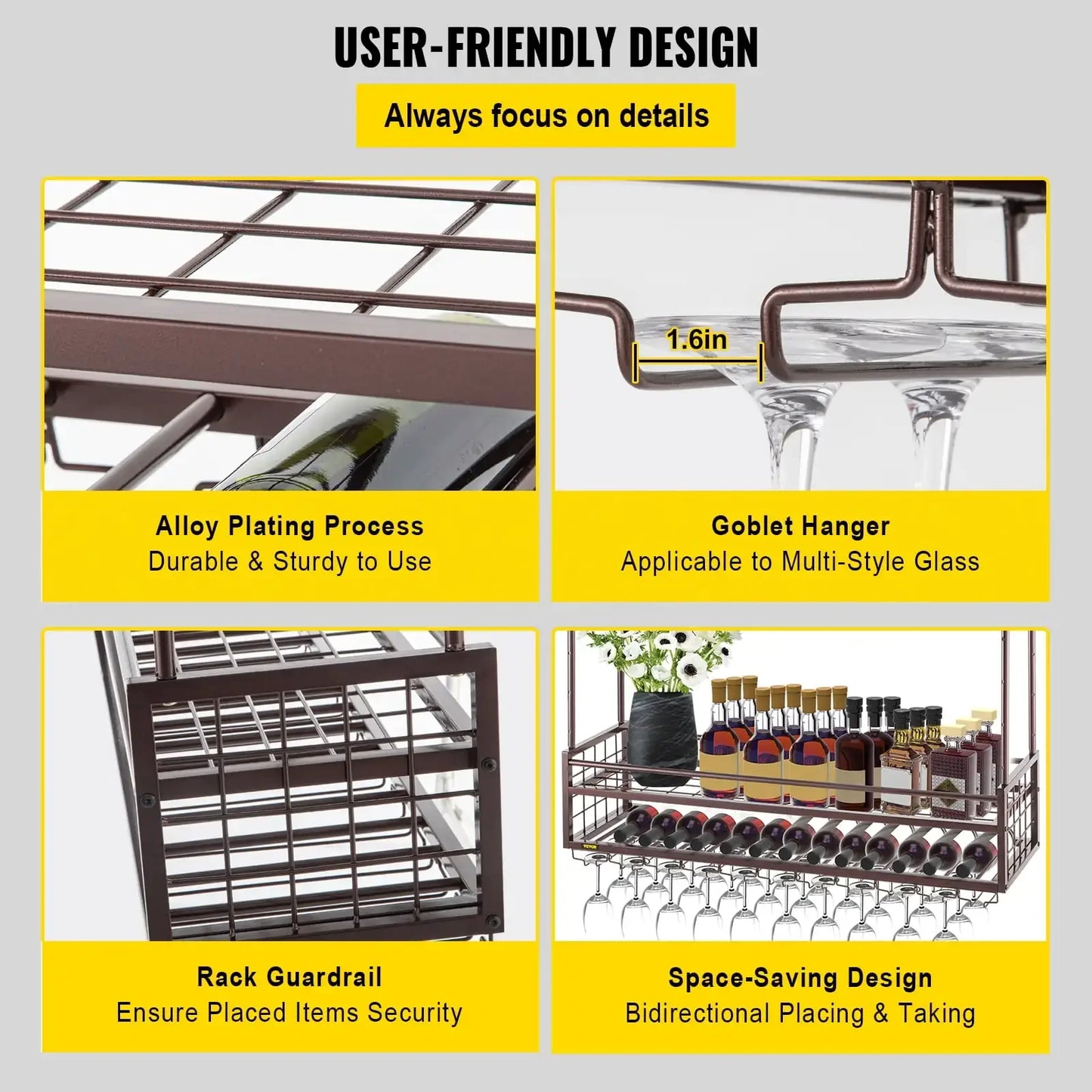 Ceiling Wine Glass Rack Adjustable Hanging Storage for Kitchen Bar Cafe