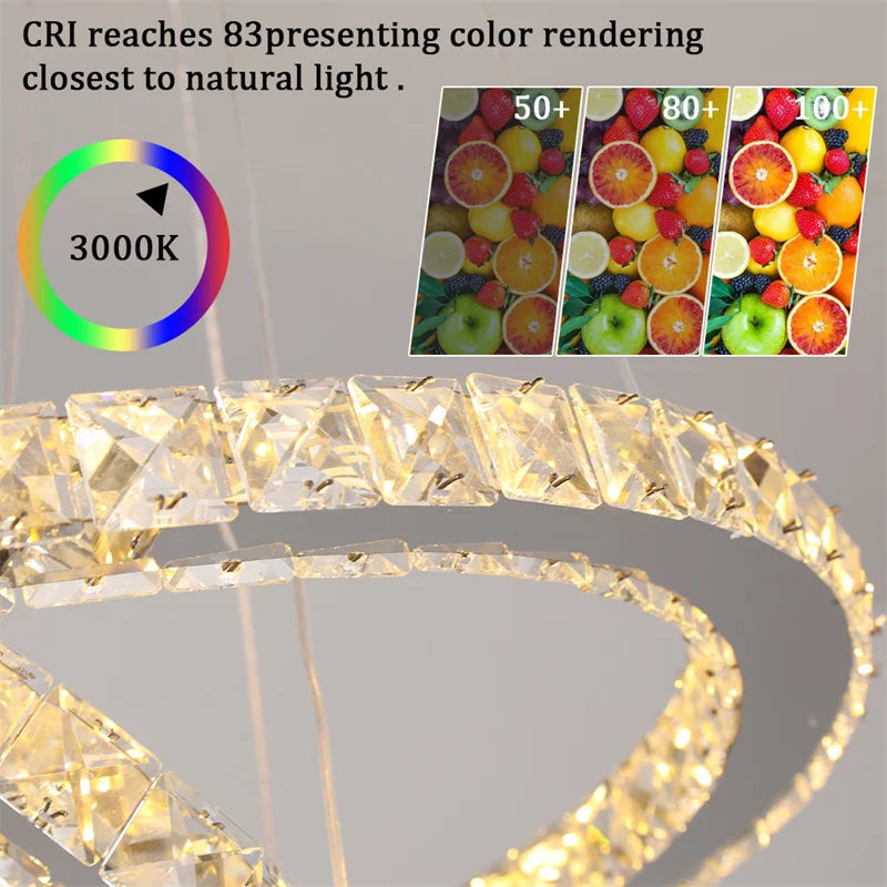 Modern Crystal Rings LED Chandelier Luxury Ceiling Lamp Remote Control