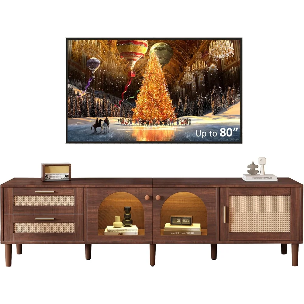Rattan TV Stand LED Lights 70" Entertainment Center 3 Cabinets 2 Drawers