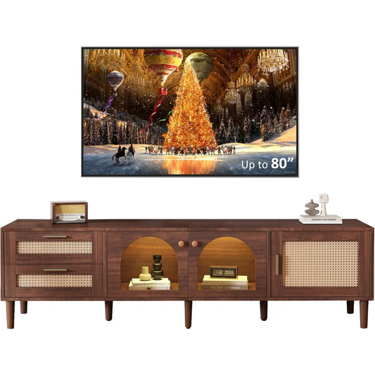 Rattan TV Stand LED Lights 70" Entertainment Center 3 Cabinets 2 Drawers