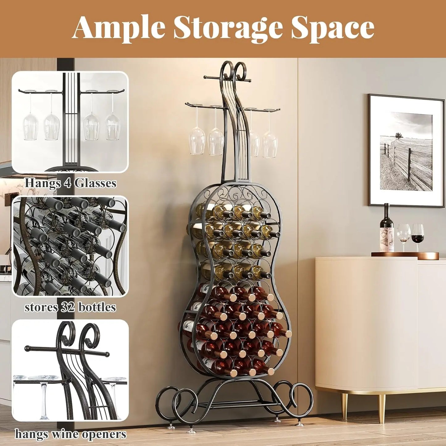 Freestanding Wine Rack for 32 Bottles with Glass Holder Metal Organizer