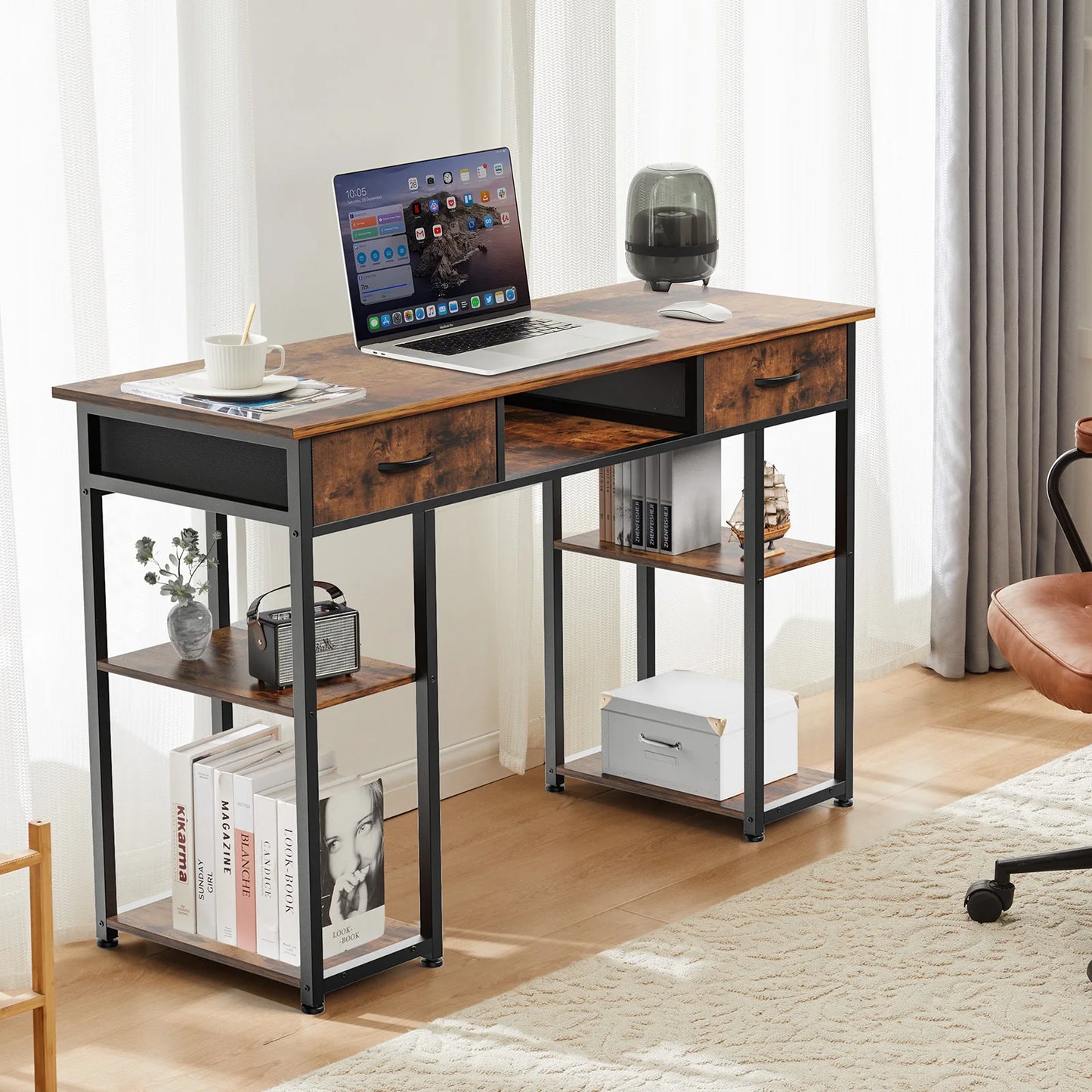 Ljustra 48 Inch Double Deck Shelving Office Desk with Storage Drawers