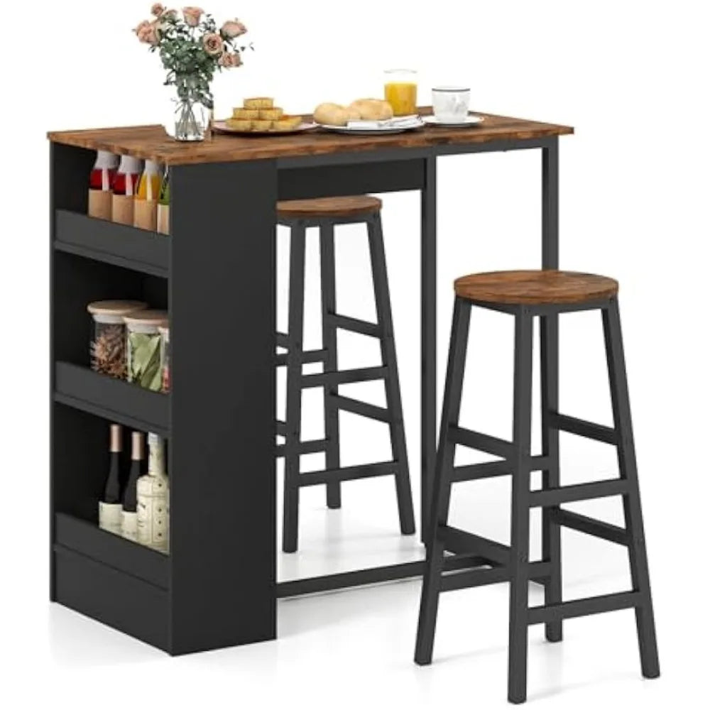 Modern 3-Piece Bar Table Set with Storage Shelves and 2 Chairs