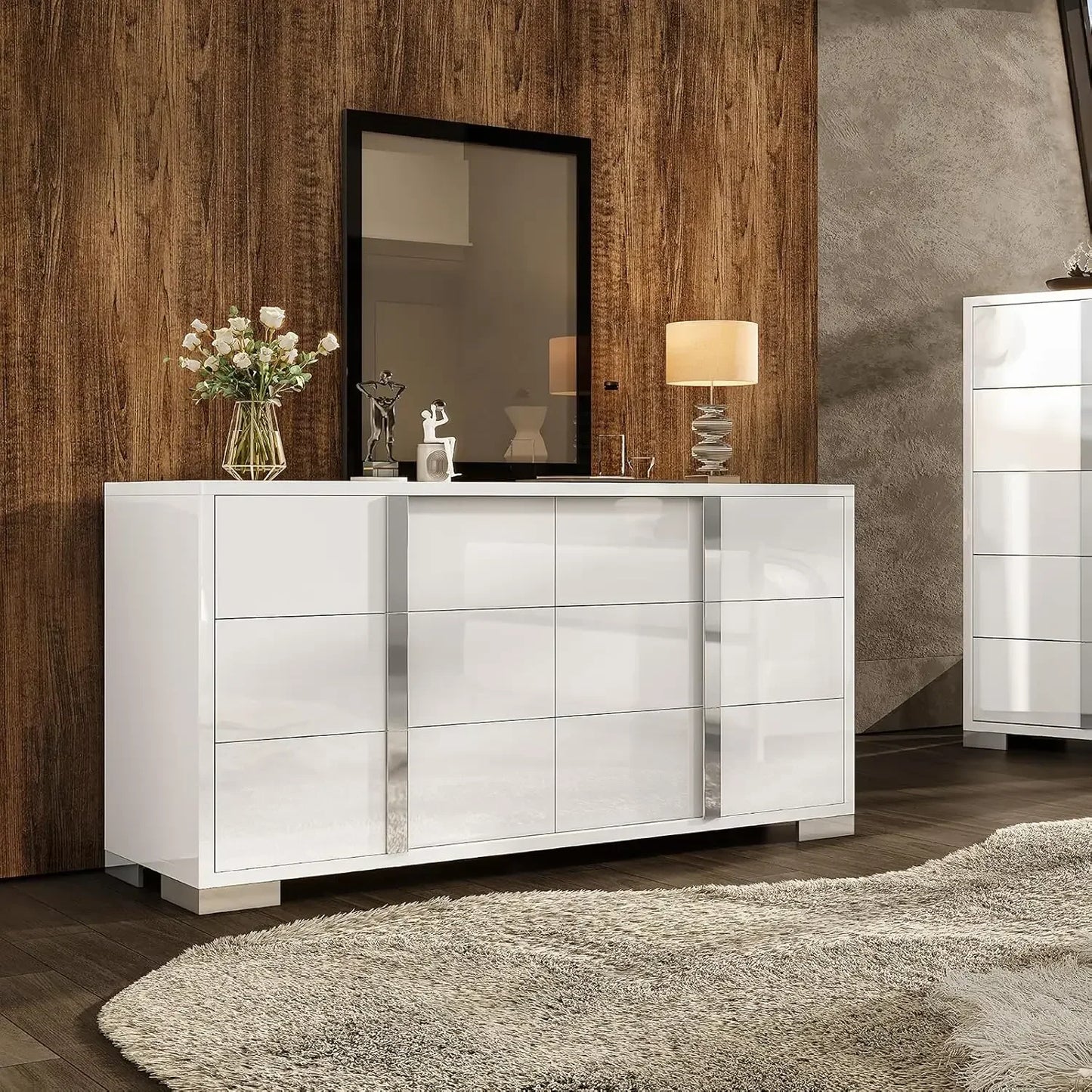 54 Inch High Gloss 6 Drawer Dresser Modern Chest for Bedroom Storage