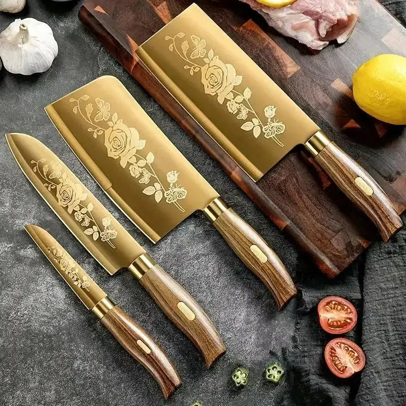 4-Piece Titanium-Coated Kitchen Knife Set for Home and Commercial Use
