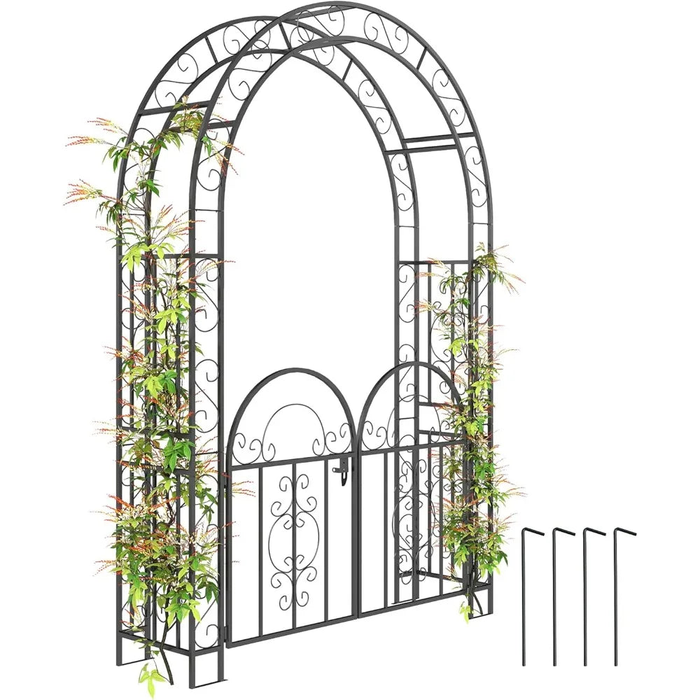 7.4ft Steel Garden Arch with Gate Outdoor Trellis for Climbing Plants