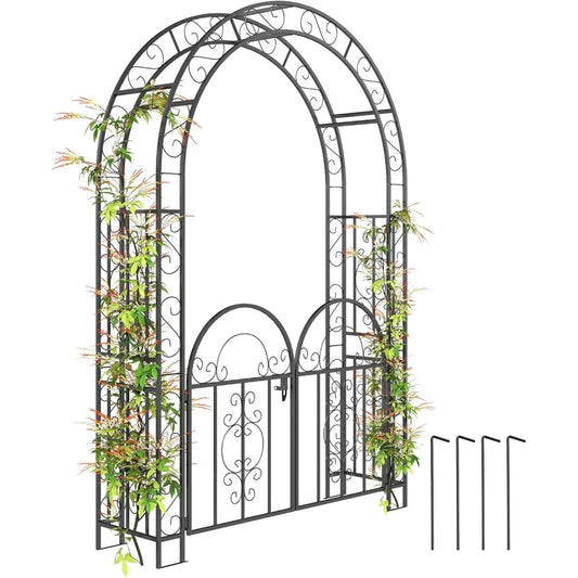 7.4ft Steel Garden Arch with Gate Outdoor Trellis for Climbing Plants