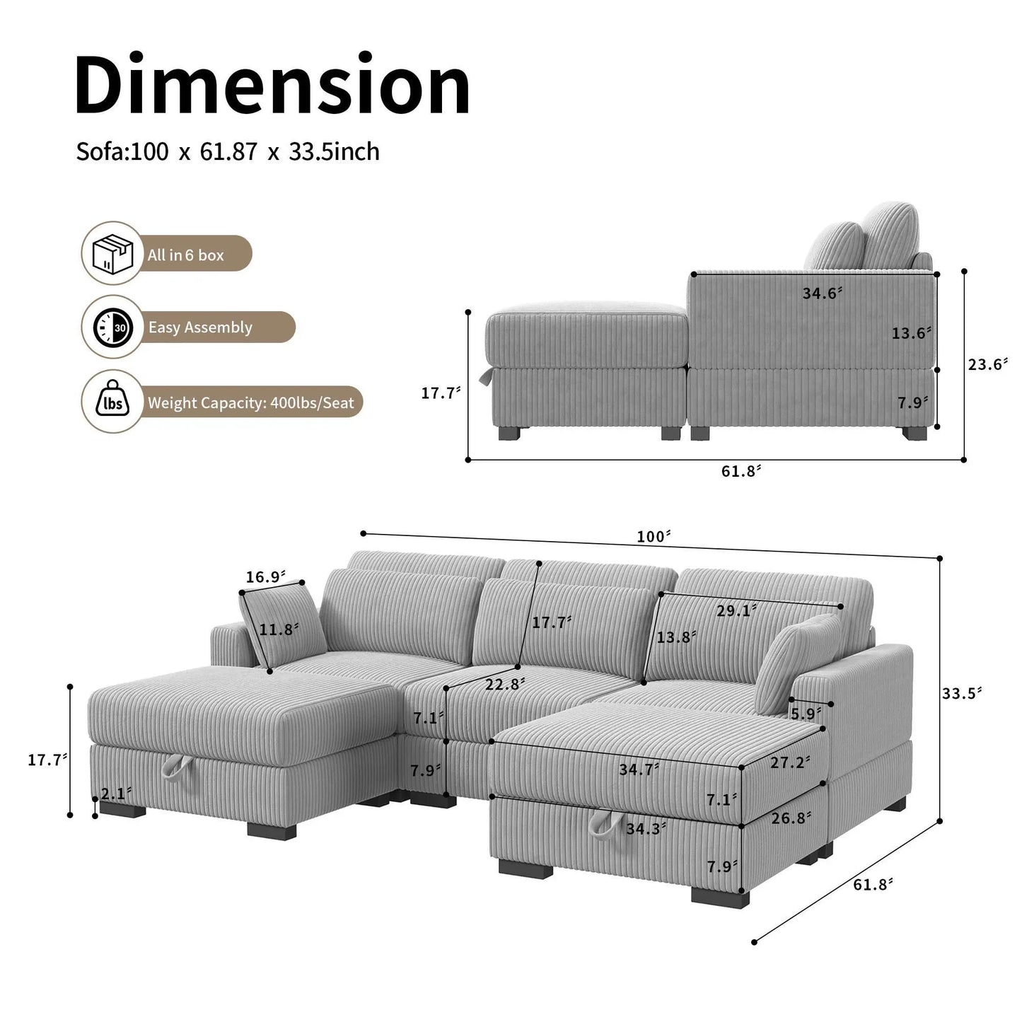 Corduroy Modular Sectional Sofa Modern Cloud Couch Living Room Furniture