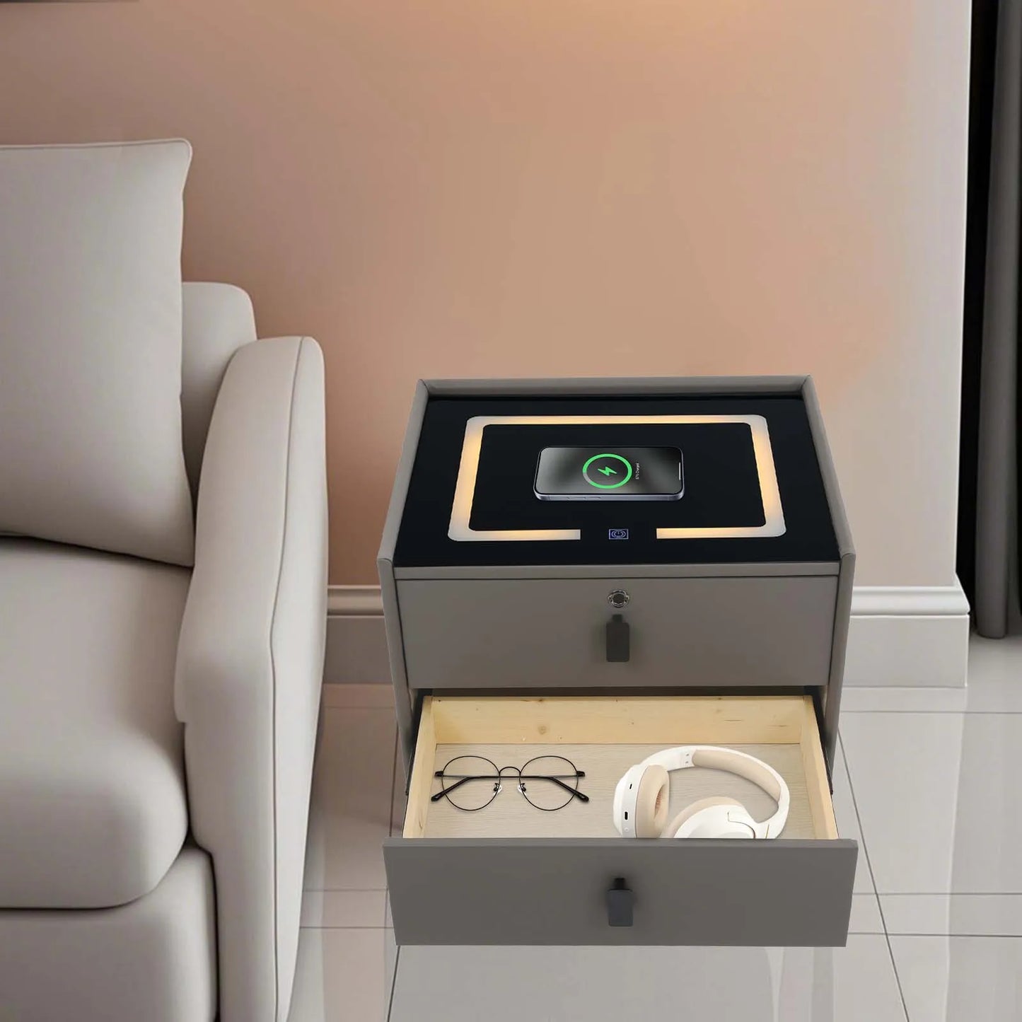 Smart Bedside Table with Bluetooth Speaker USB Wireless Charging and Light