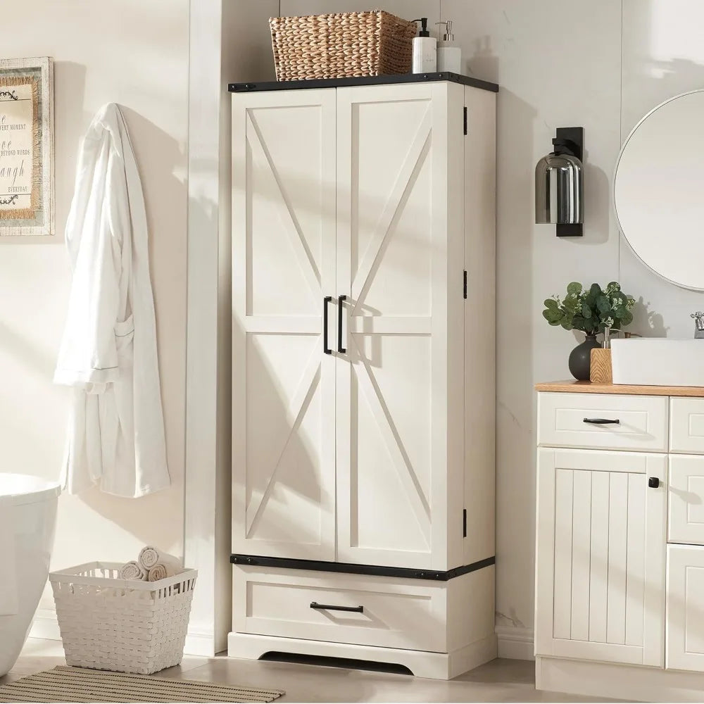 72 Inch Farmhouse Kitchen Pantry Cabinet with Drawer and Barn Doors