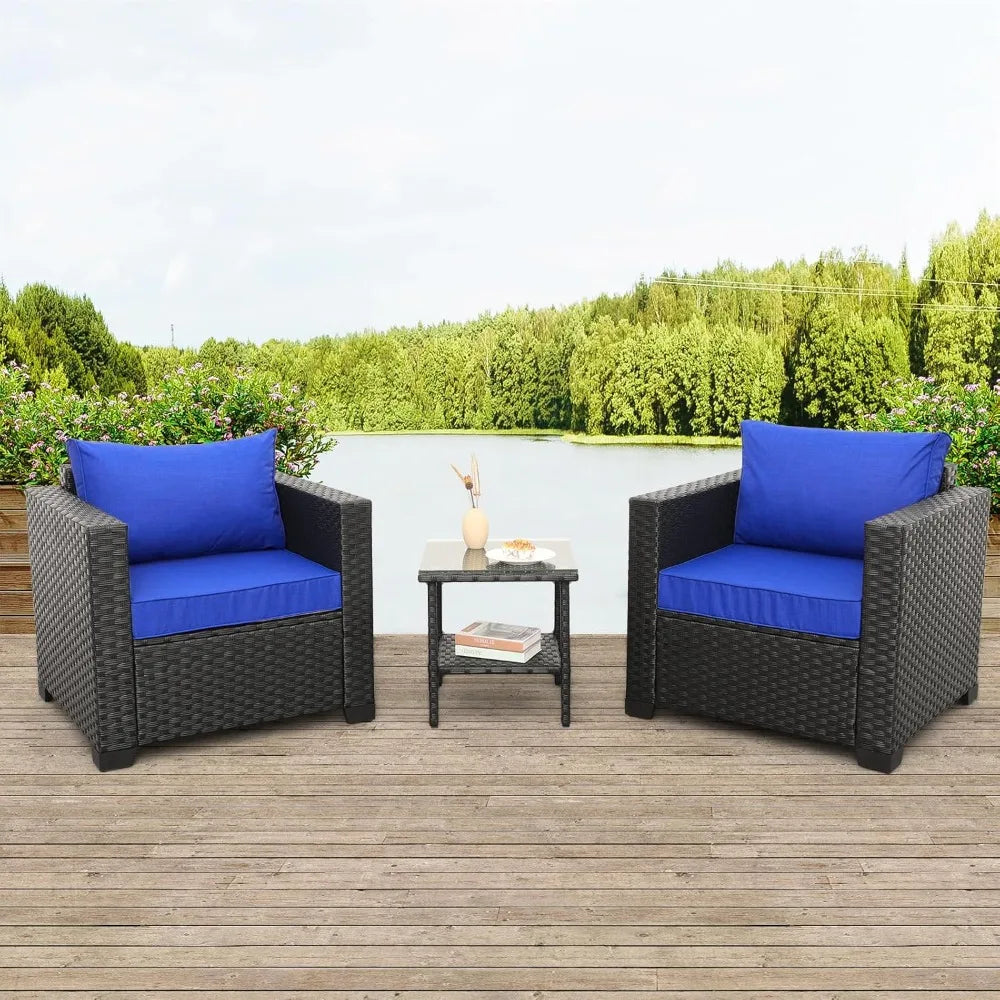 3 Piece Wicker Patio Set Outdoor Chairs Glass Table Garden Furniture