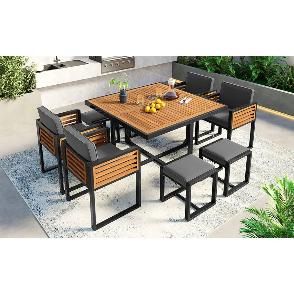 9-Piece Acacia Wood Patio Dining Set with Cushioned Chairs and Ottomans