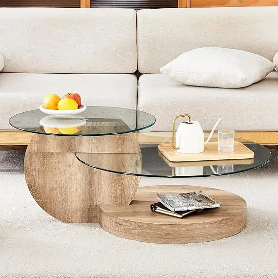 Modern 42 Inch Round Glass Coffee Table 3-Tier Wood Shelves Living Room