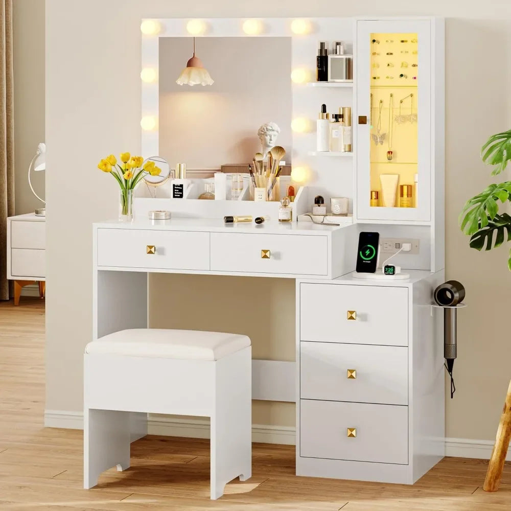 Ljustra Vanity Desk with Mirror and Lights Makeup Table Set with 5 Drawers