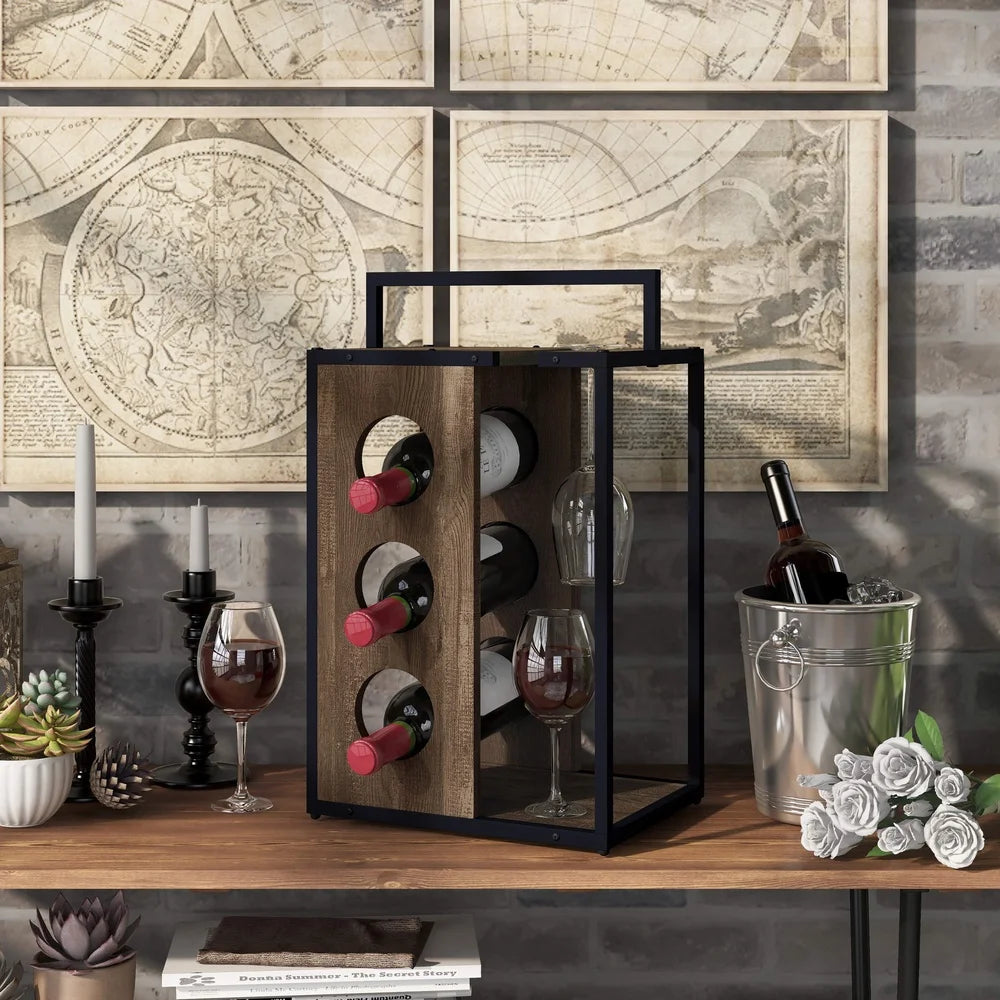 Rustic 3-Bottle Wine Rack with Handle Stemware Holder Compact Design