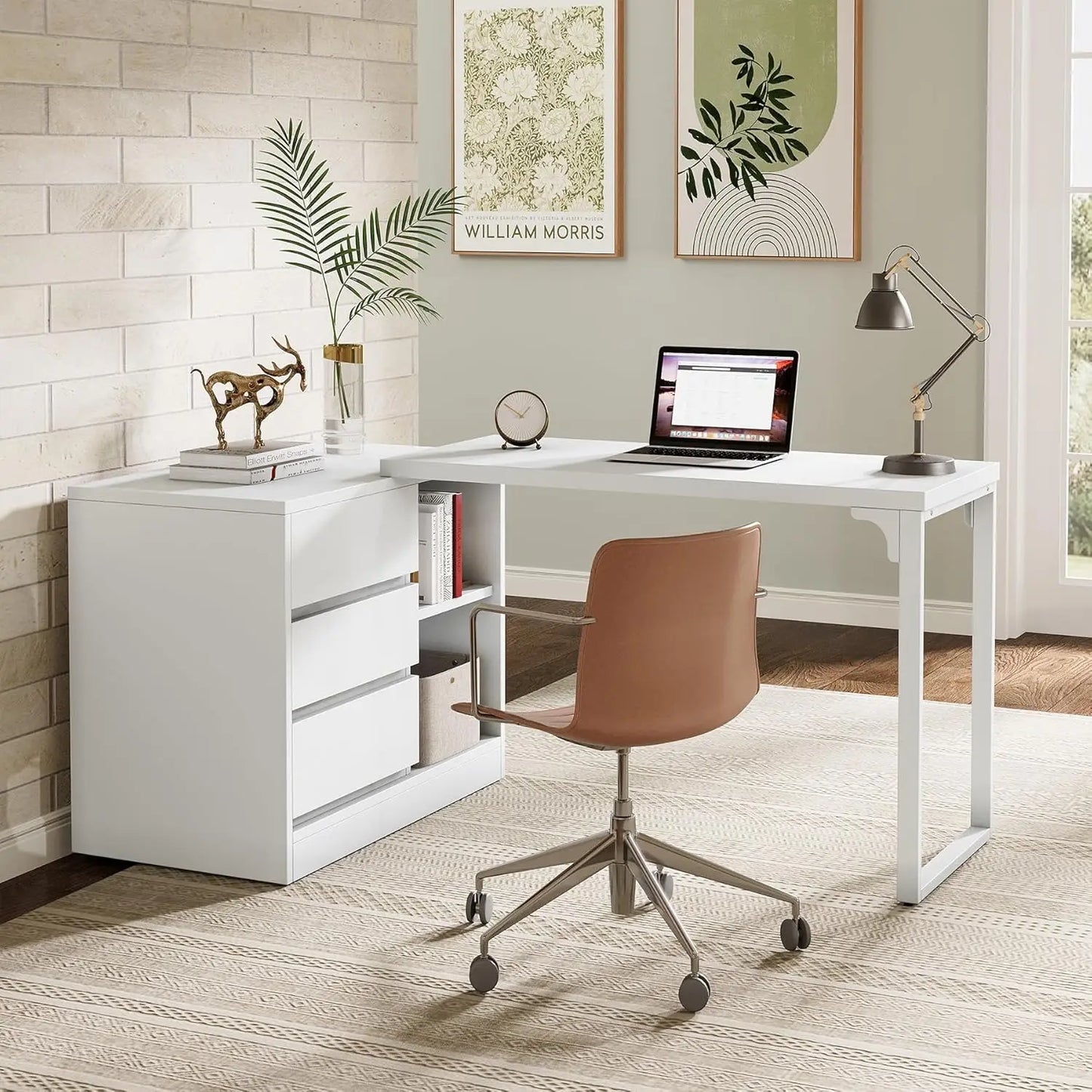 L-Shaped Computer Desk with Drawers Shelves Reversible Corner Office Desk