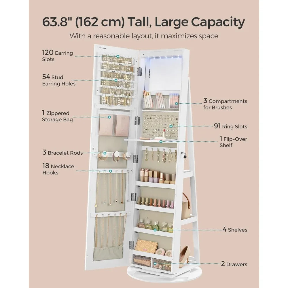 6 LED Lockable Mirror Jewelry Cabinet 360° Swivel Armoire Organizer