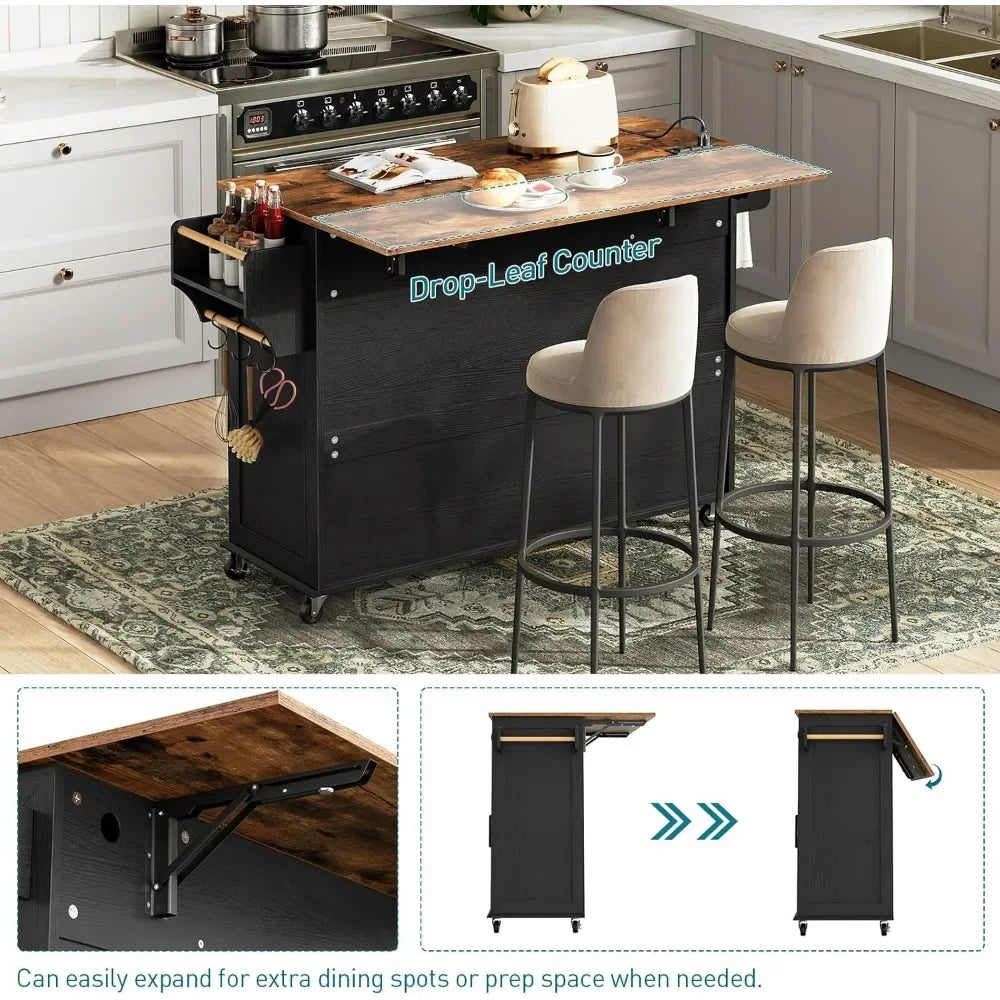 Kitchen Island with Drop Leaf Rolling Cart and Charging Station Storage