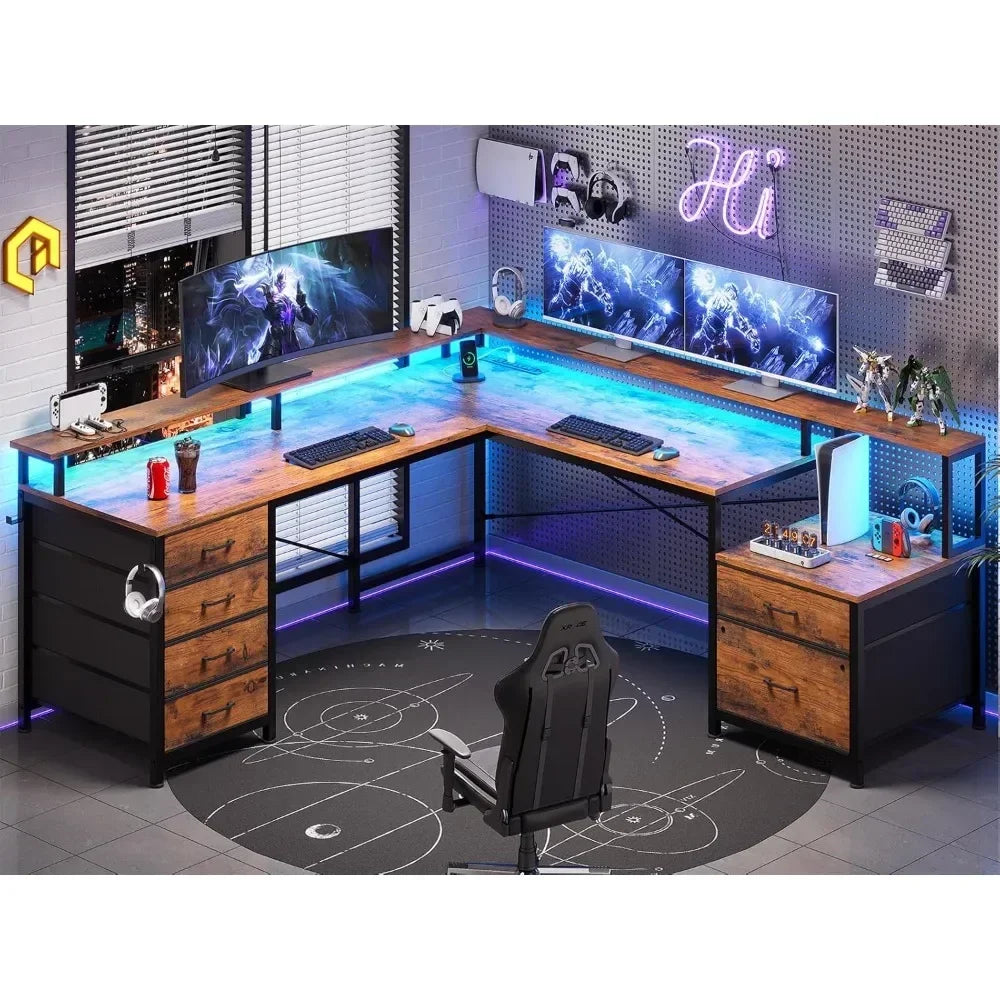 L-Shaped Office Desk with Monitor Rack and 6 Drawers for Home Office