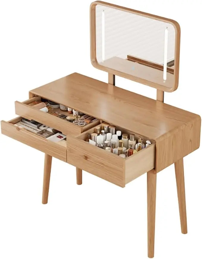 Solid Wood Makeup Vanity Desk with Adjustable LED Mirror Lighting