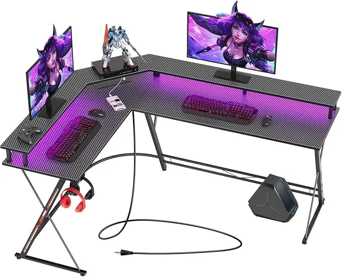 L Shaped Gaming Desk with LED Lights Power Outlets Monitor Stand
