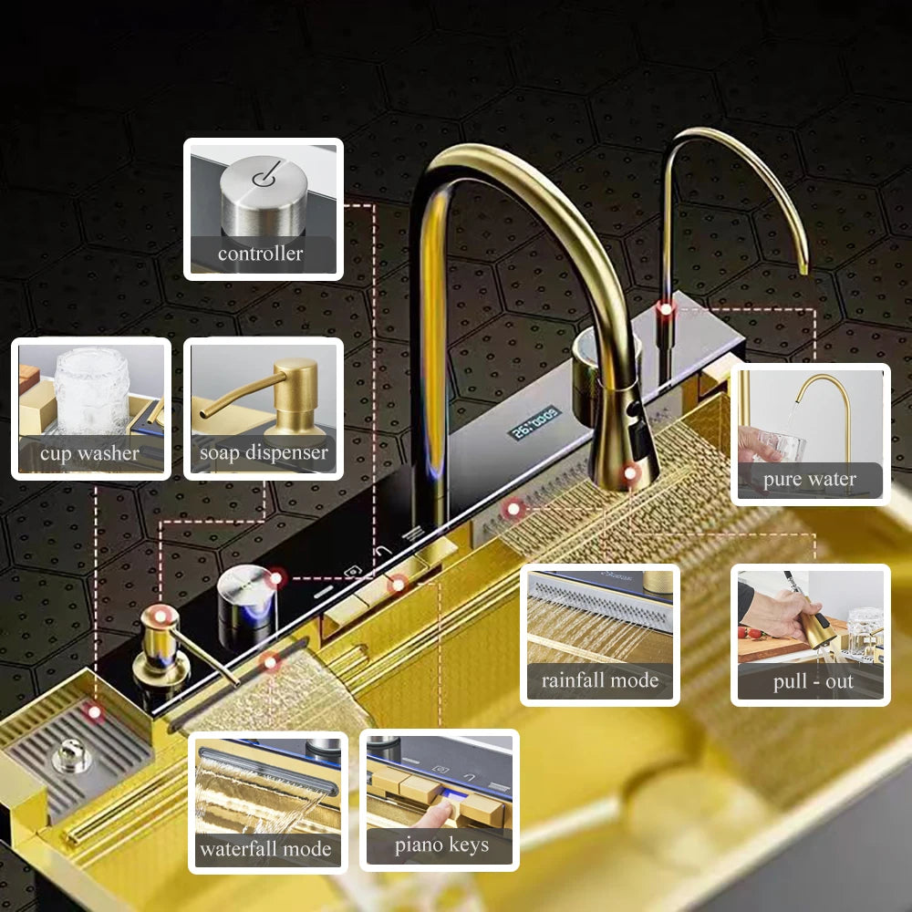 Gold Multifunctional Kitchen Waterfall Sink Digital Display 304 Stainless Steel