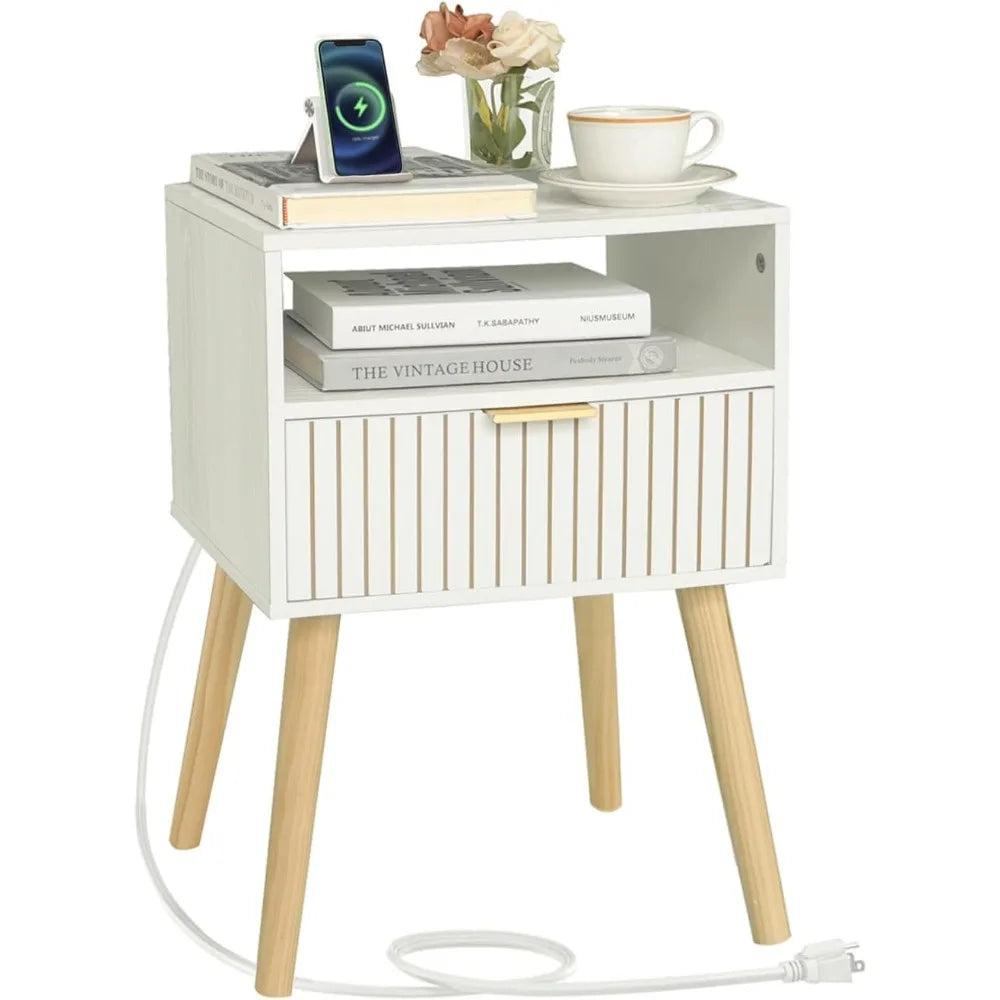 White Nightstand with Charging Station Mid Century Modern Bedside Table