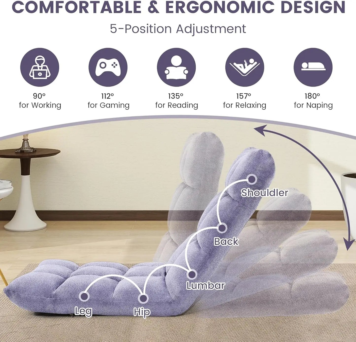 Folding Floor Chair Adjustable Backrest Japanese Style Gaming Meditation