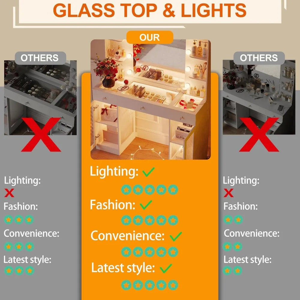 Makeup Vanity Desk with Mirror LED Lights Storage Drawers Cabinets