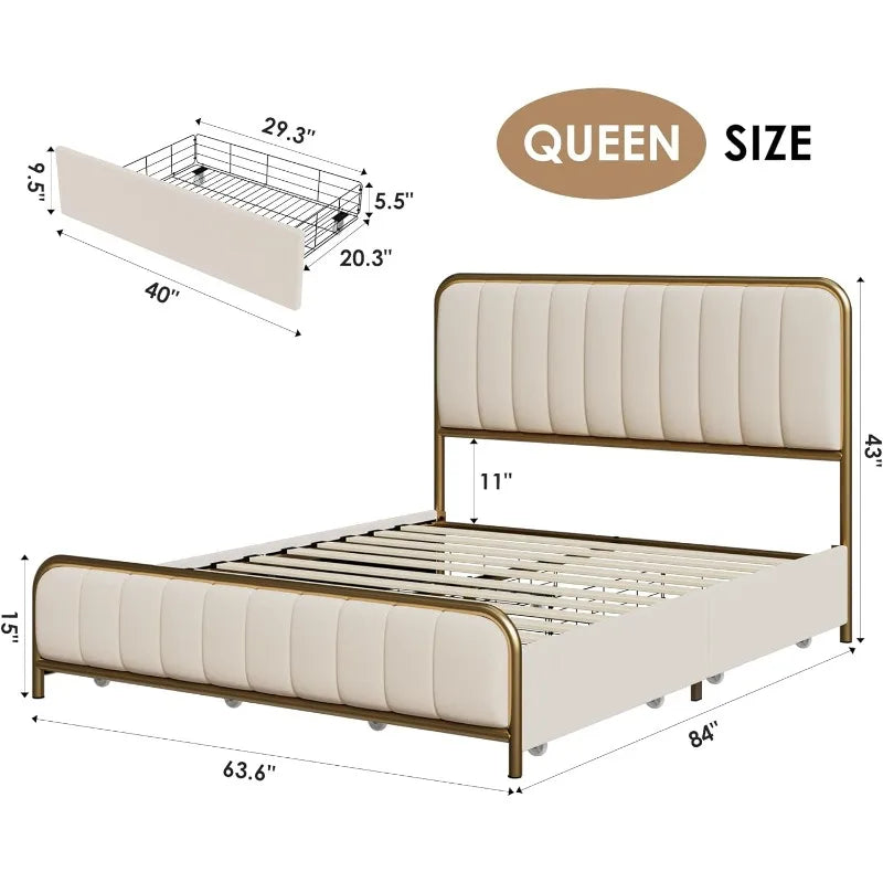 Upholstered Queen Size Bed with Storage Drawers Heavy Duty Frame