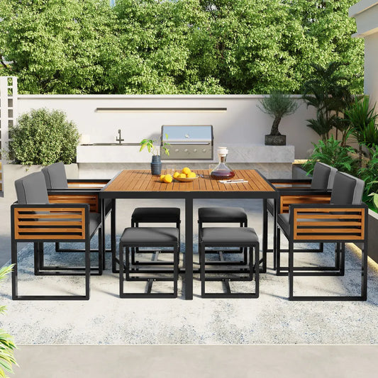 9-Piece Acacia Wood Patio Dining Set with Cushioned Chairs and Ottomans