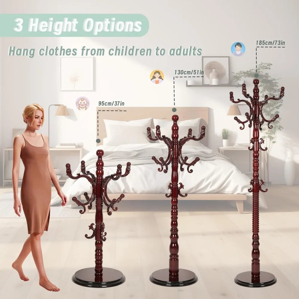 Freestanding Coat Rack Solid Wood 14 Hooks Adjustable Height Stand