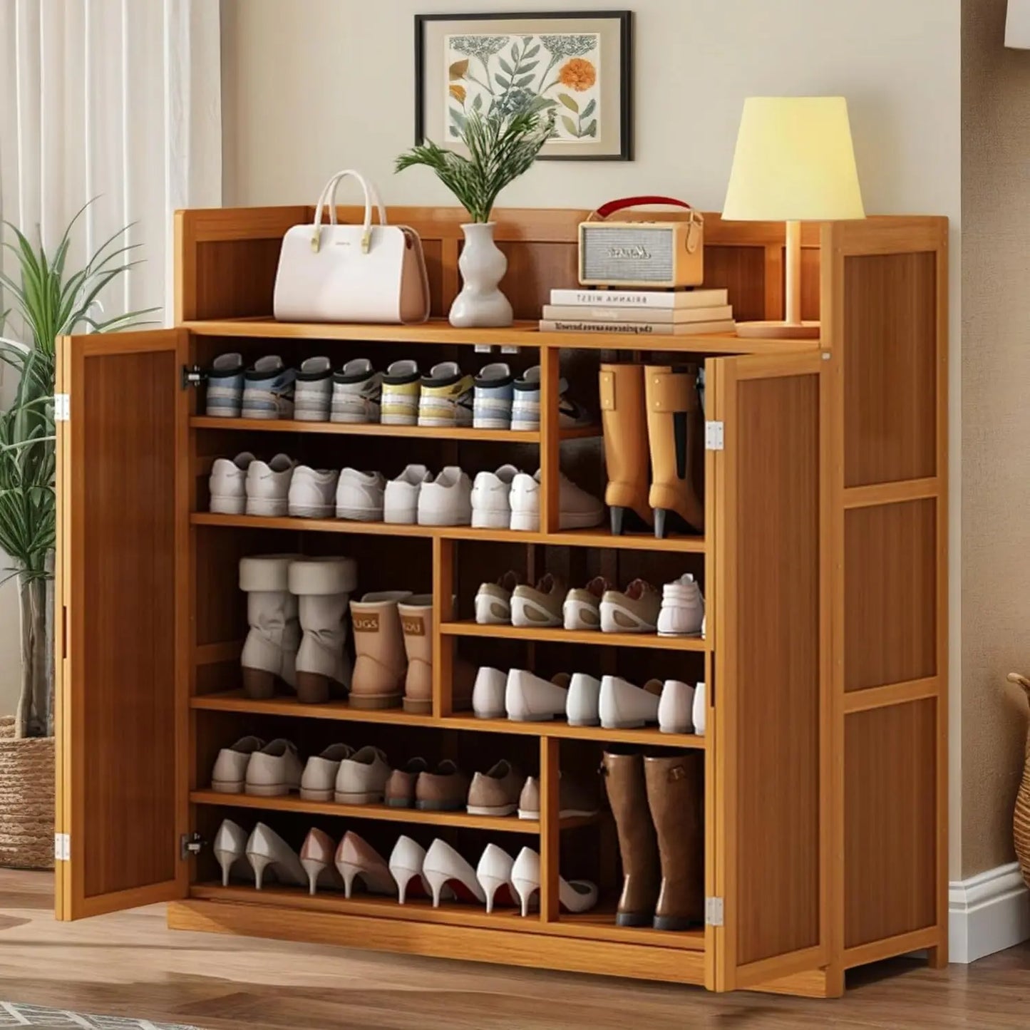 Bamboo Shoe Cabinet 8-Tier Freestanding Storage Organizer Rack for Shoes