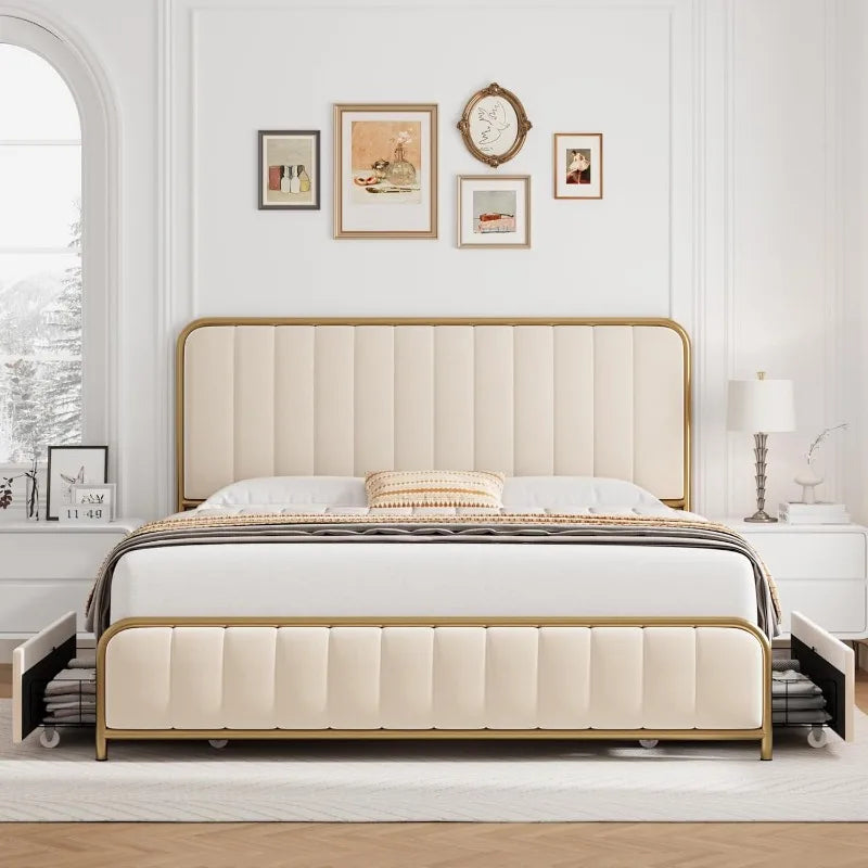 Upholstered Queen Size Bed with Storage Drawers Heavy Duty Frame