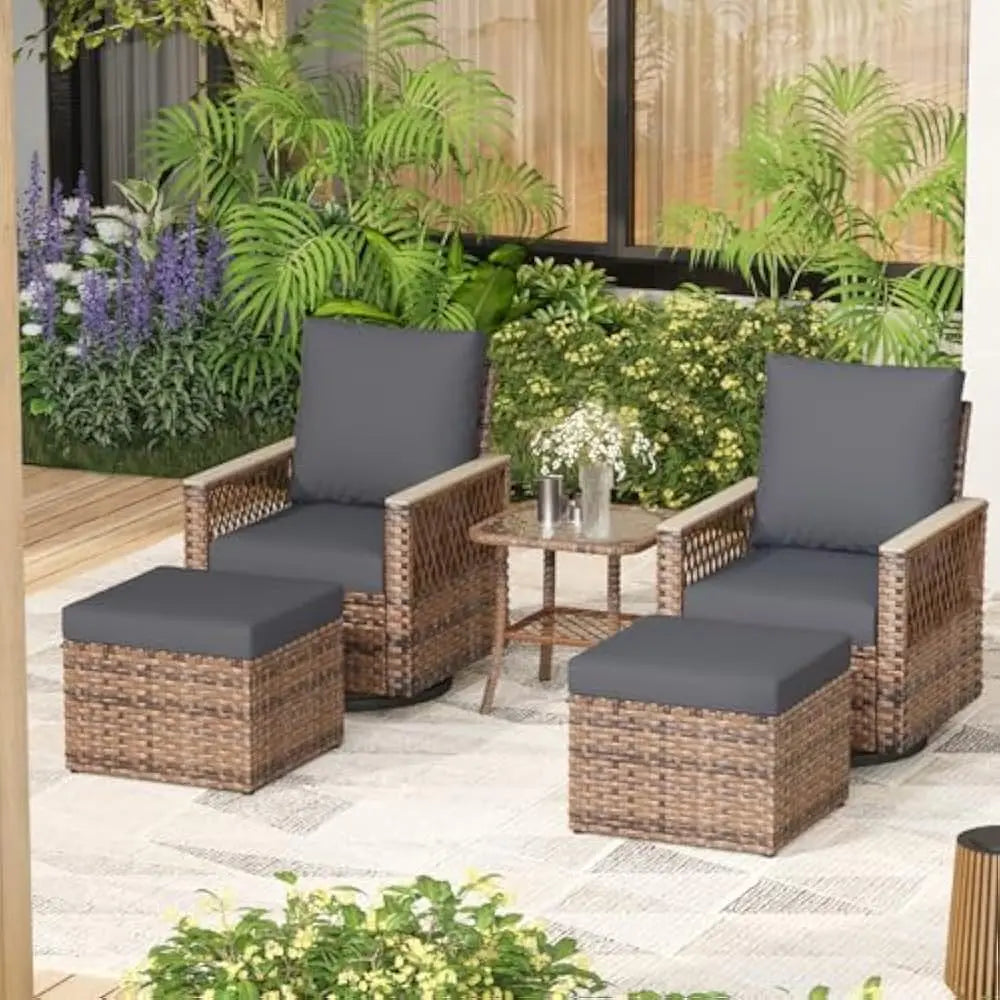 5 Pieces Patio Furniture Set Outdoor Swivel Glide Chair Ottomans Table