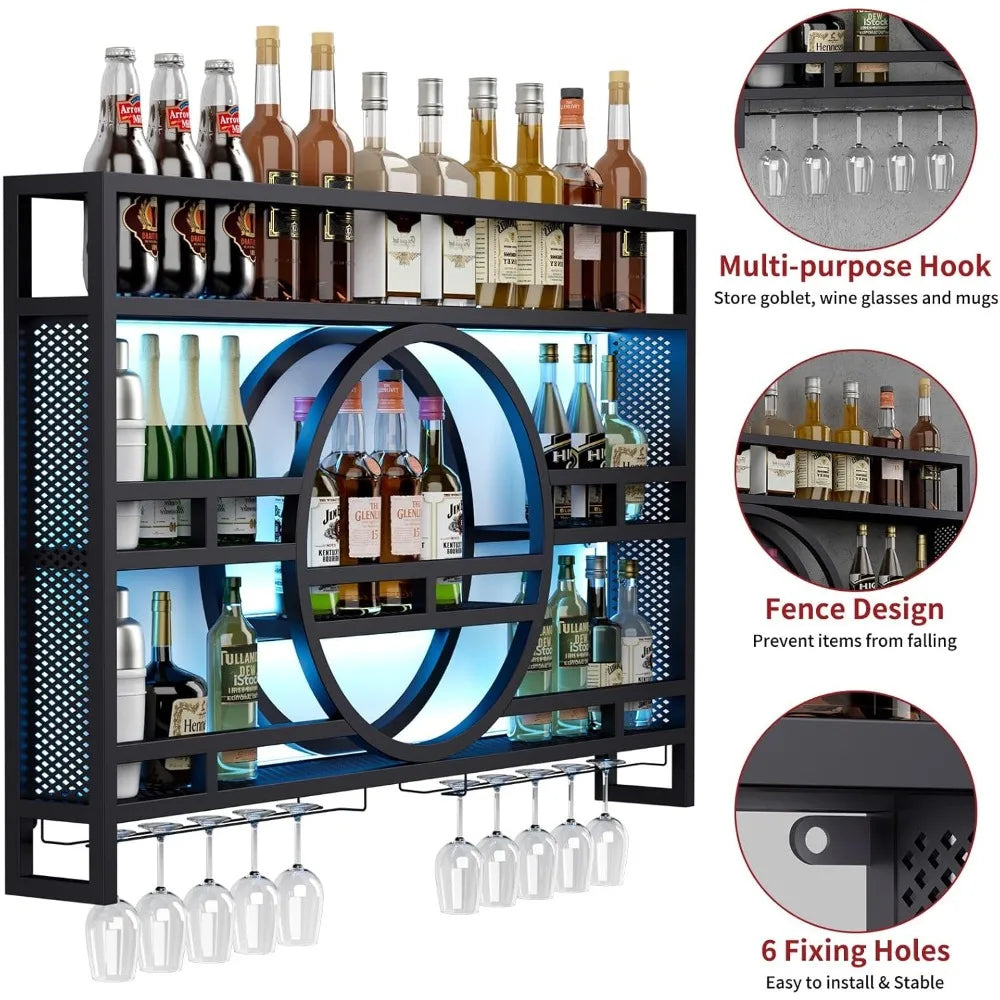 3-Tier Wall Mounted Wine Rack with LED Floating Bar Shelves