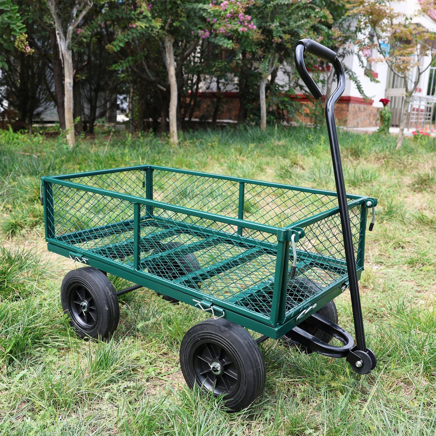Green Solid Wheel Garden Wagon Cart for Easy Firewood Transport