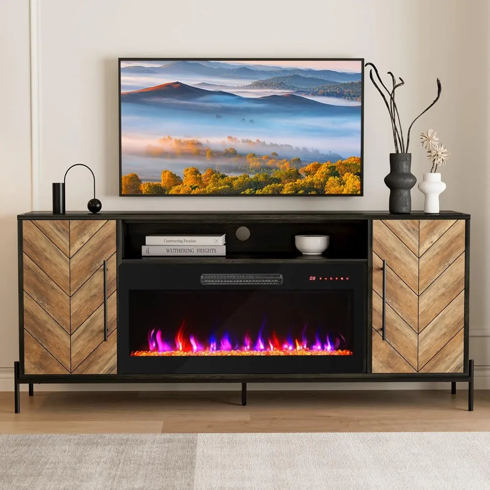 68 Inch TV Stand with Electric Fireplace and Storage Cabinet