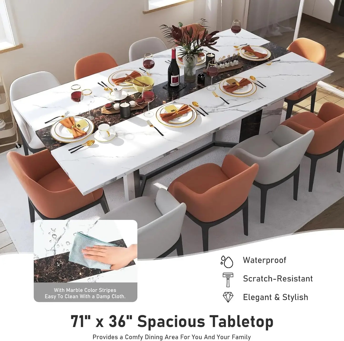 71 Inch Large Rectangular Dining Table Waterproof Adjustable Legs