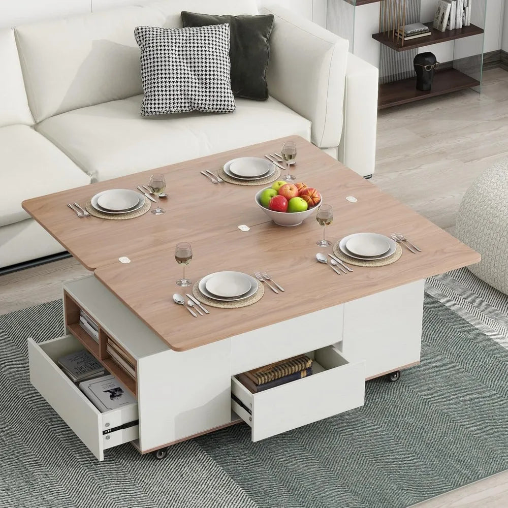 Modern Walnut Lift Top Coffee Table with Drawers and Shelves