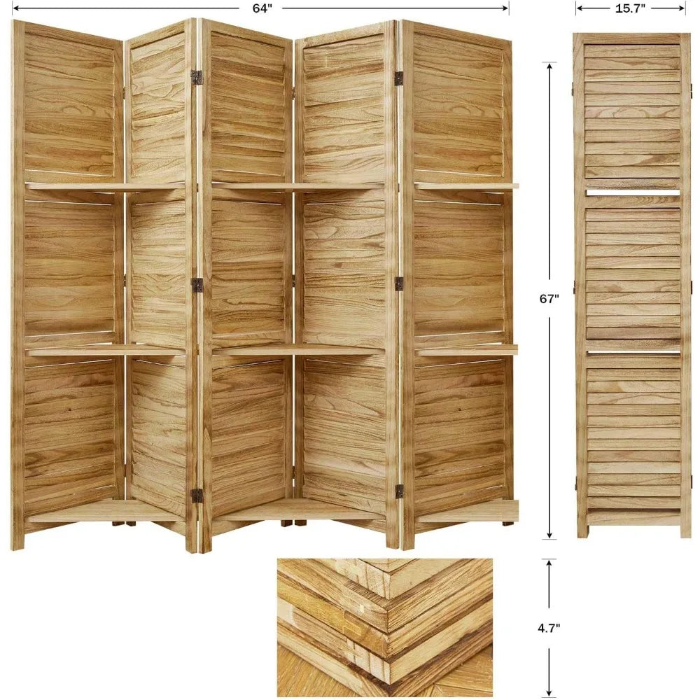 Partition Room Dividers Folding Wood Privacy Screen with Shelves