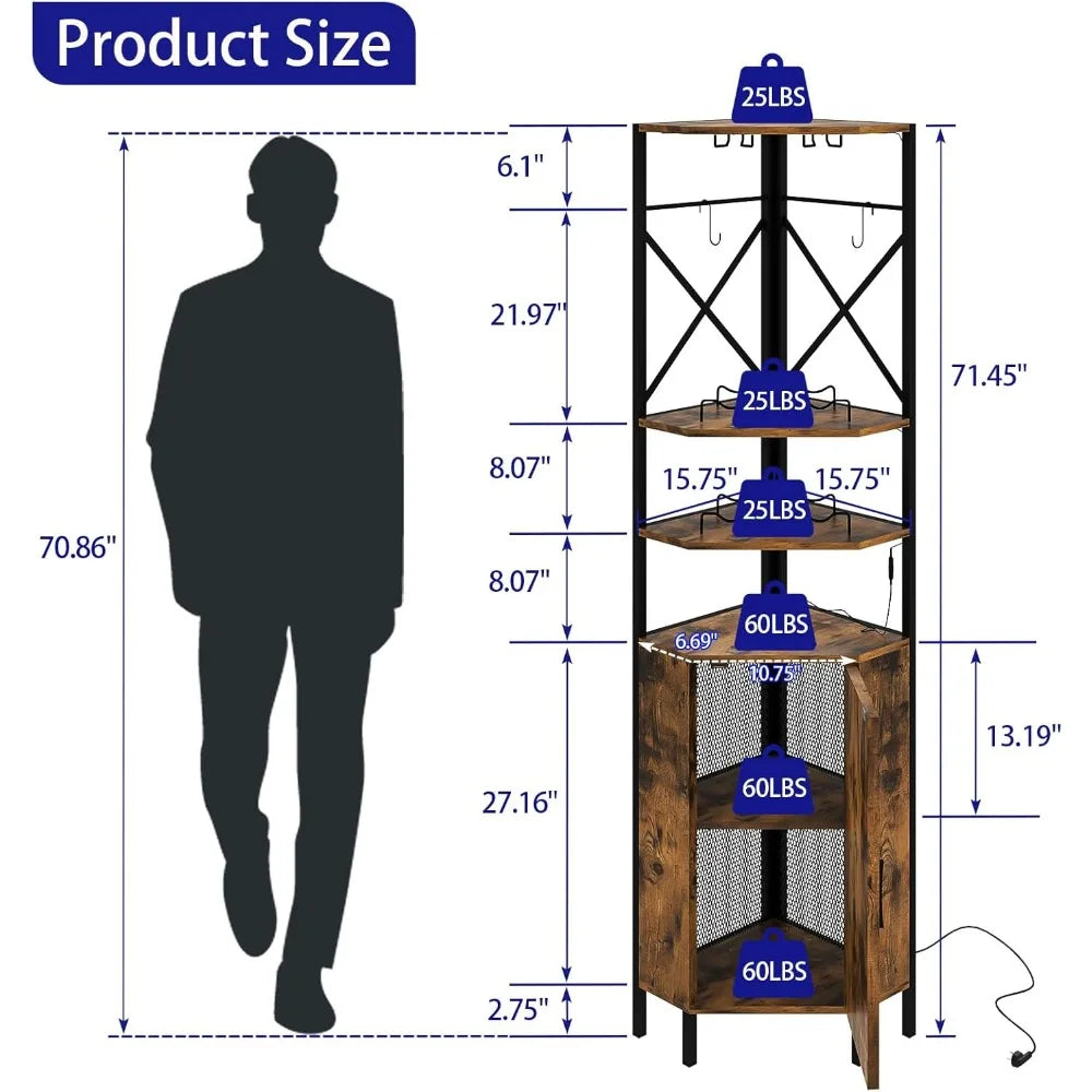 6-Tier Corner Wine Rack with Charging Station LED Lighting Industrial