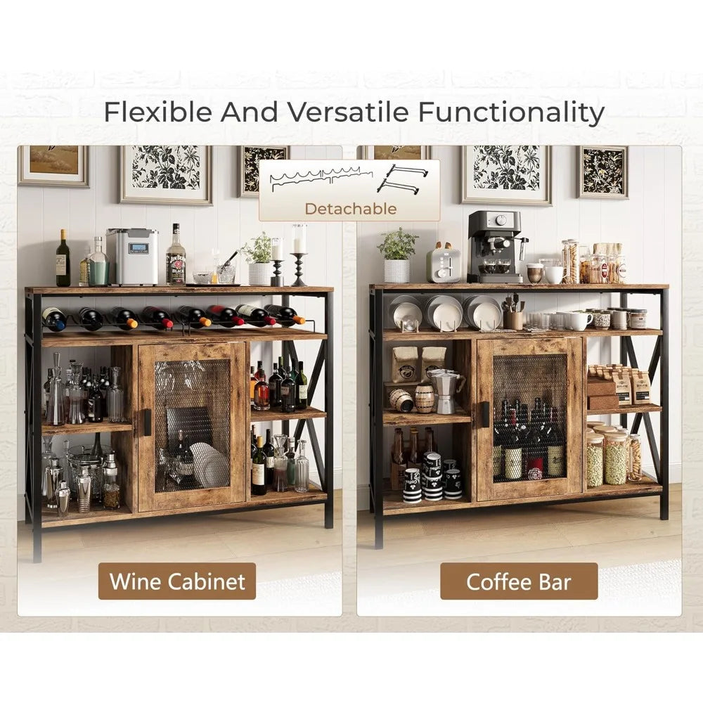 Industrial Wine Bar Cabinet Metal Wood Cart Liquor Storage Glass Holder