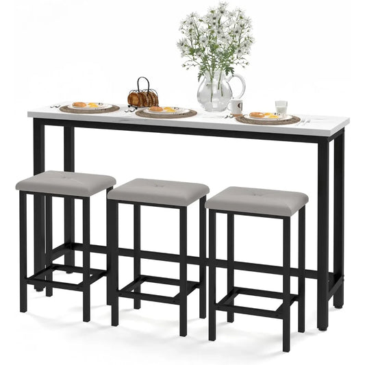 Bar Table Set for 3 Faux Marble Rectangular Dining Set with Stools
