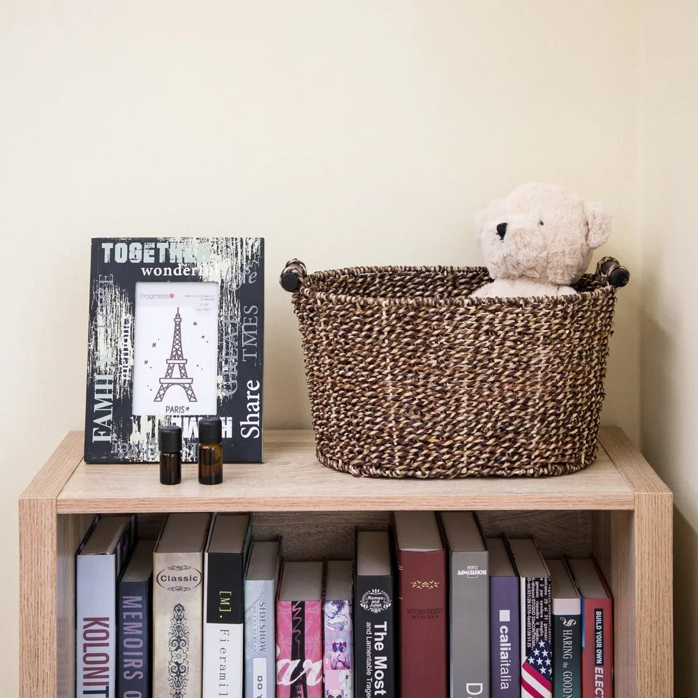 Oval Seagrass Storage Basket with Wooden Handles for Home Organization