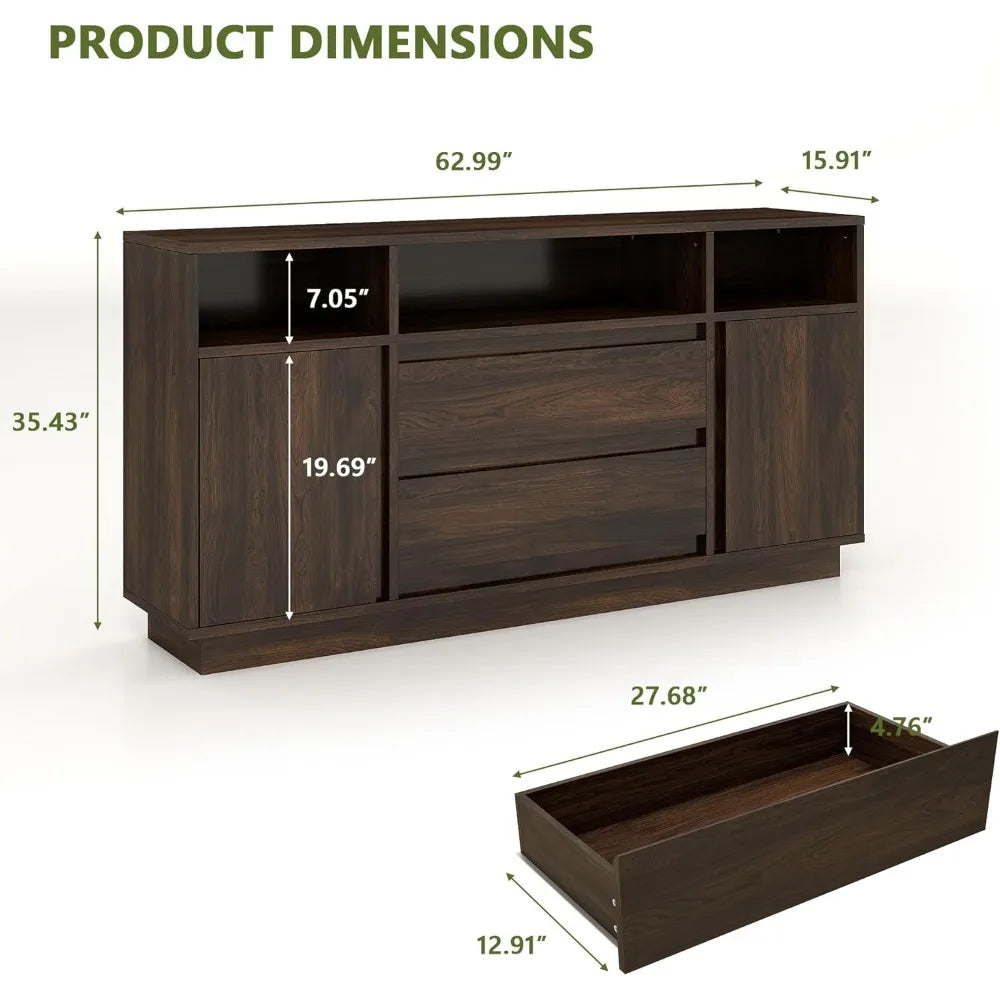 63 Inch Buffet Cabinet Mid Century Modern Storage Sideboard Coffee Bar